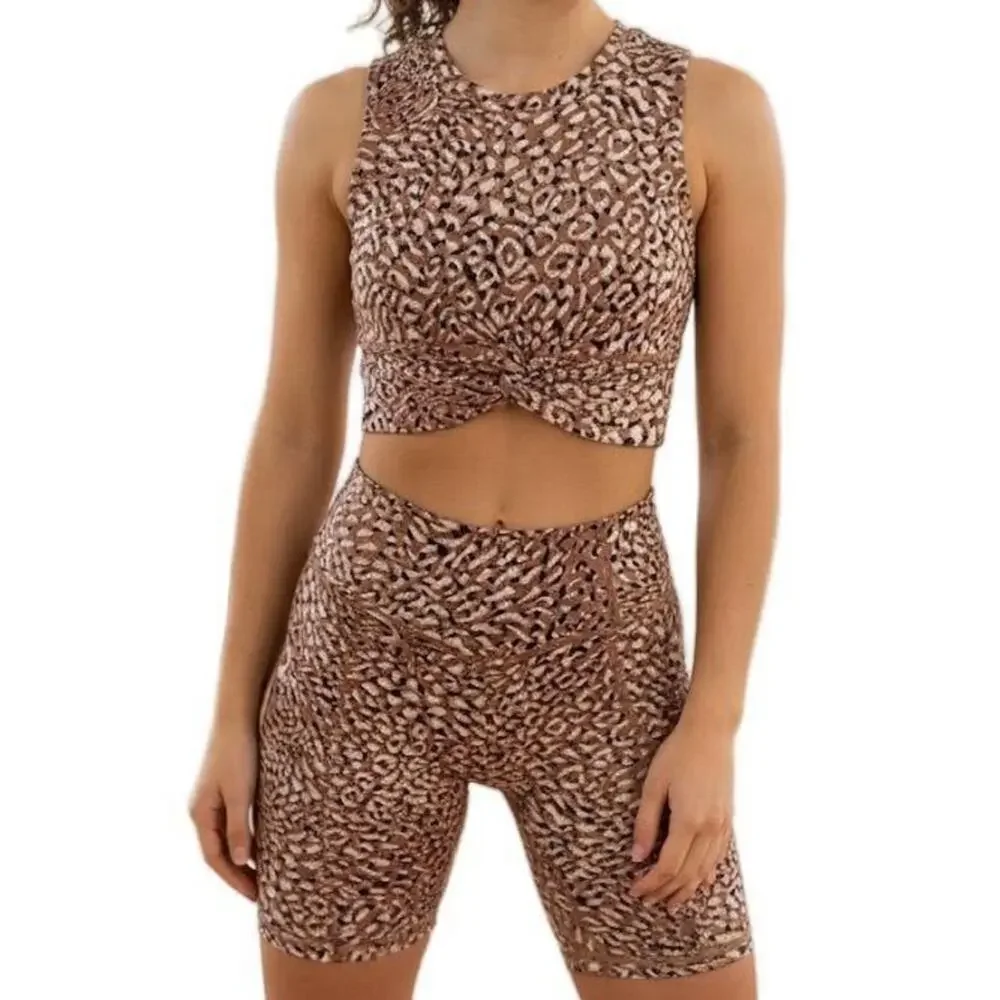 SET MARIIA Eco Bamboo Organic Cotton Animal Print Knot Crop Top Biker Short AXS